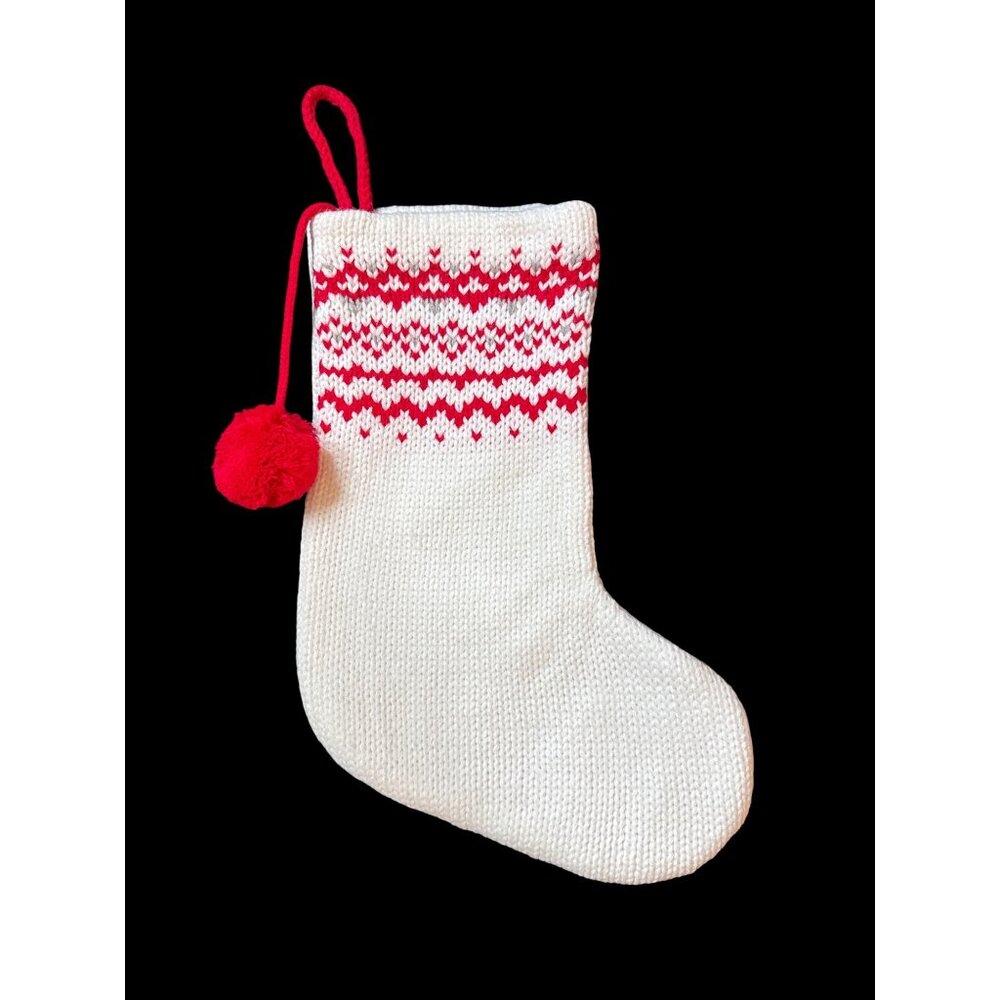 Knit White Christmas Stocking Red Fair Isle Pom-Pom Lined Holiday Decoration